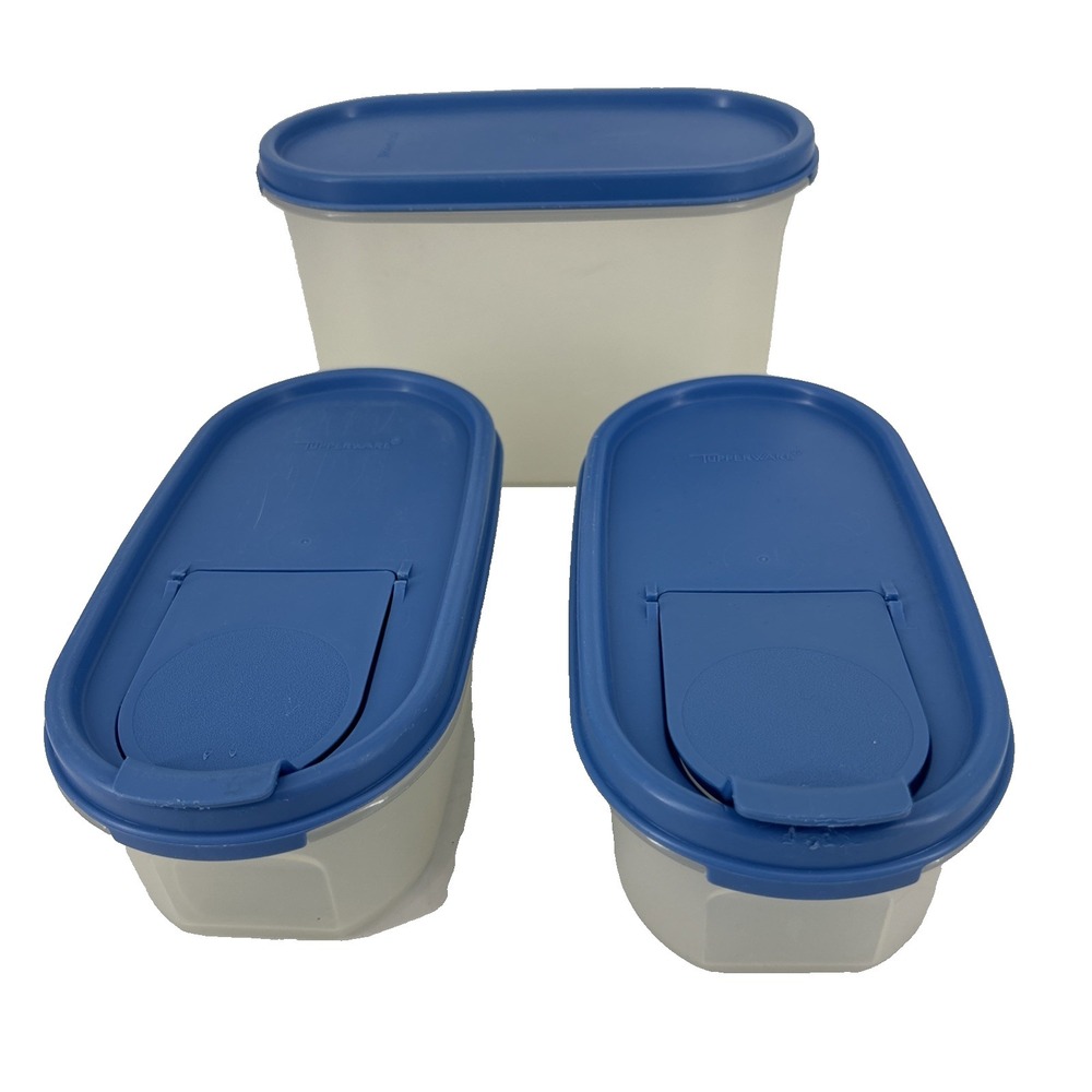 Tupperware Vintage Oval Container LOT (2) #1611-22 & (1) 4 3/4 W/ Blue Snap Lids